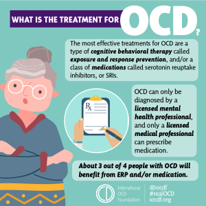 The most effective treatments for OCD area type of cognitive behavioral therapy called exposure and response prevention, and/or a class of medications called serotonin uptake inhibitors, or SRIs.